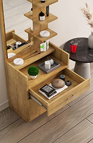 Image of Bniture Wooden Dressing Table for Bedroom with 1 Drawer, Mirror and Huge Storage Space | Long Dresser Vanity Table with Mirror (42D x 60W x 180H CM) | 1 Year Warranty (Giant Wood, HXDR103)