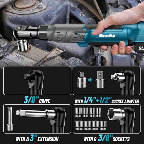 Seesii 21V Cordless Electric Ratchet Wrench Set, 66Ft-lbs 200RPM Power Ratchet Wrench 3/8", Variable Speed Trigger, 2x 2.0A Batteries & Charger, 8 Sockets, 1/4" and 1/2" Adapter, 3" Extension Bar