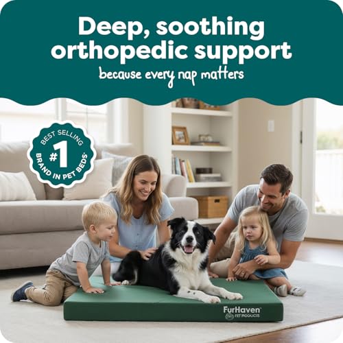 Image of Furhaven Water-Resistant Orthopedic Dog Bed for Large /Medium Dogs w / Removable Washable Cover, For Dogs Up to 55 lbs - Indoor /Outdoor Logo Print Oxford Polycanvas Mattress - Forest, Large