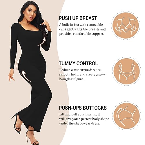 Fengbay Shapewear Dress for Women Bodycon Dress with Built in Shapewear Shaper Dress Square Neck Lounge Long Dress3