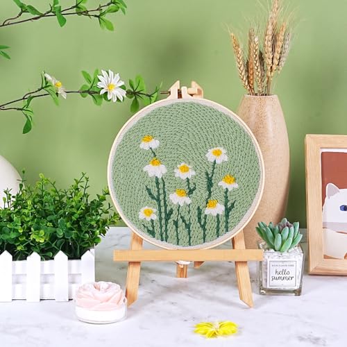 Image of KESTAR Punch Needle Embroidery Starter Kits, Daisy Flower Punch Needle Kits for Adults Beginner, Needle Punch Kit Tool with Instruction Threader Fabric Yarns and Hoop