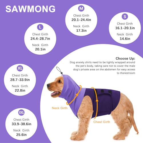 Image of SAWMONG Dog Anxiety Vest, Breathable Calming Shirt Adjustable Chest & Hood for Dogs, Soft Pet Stress Relief Calming Coat Wraps Ears for Noise, Thunderstorms, Fireworks and Separation(Purple, Medium)