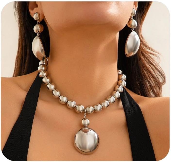 Chunky Beaded Choker Necklace Dangle Earring Set Exaggerated Half Ball Pendant Necklace Stud Earring for Women Large Lightweight Statement Jewelry Set