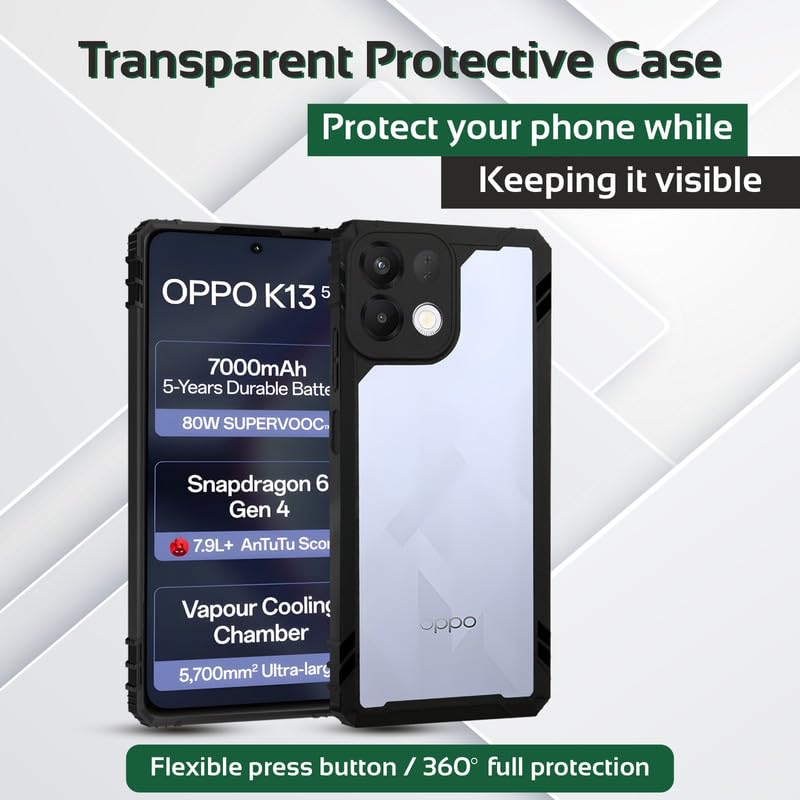 Image of AIBEX Crystal Clear Back Cover Case for Oppo K13 5G | Transparent 360 Protection | Shockproof Slim Design | Anti-Yellow PC & TPU Bumper Case