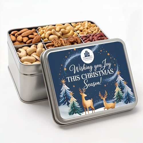 Personalized Nuts Gift Basket, Custom Assorted Nuts Gift Box for Christmas, 6 Sectional Gourmet Mixed Nuts in Rectangle Tin, 2 lbs. (Design 8)
