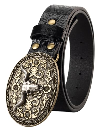 Image of Western Cowboy-Belts for Women Big-Buckle Longhorn-Bull PU-Leather Rodeo Cowgirl-Belt Engraved Floral - Waist 25-38 inch