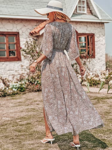 Image of ANRABESS Womens 1 /2 Sleeve Beach Wedding Guest Maxi Dresses 2026 Summer Wrap V Neck Boho Floral Flowy Slit Long Dresses