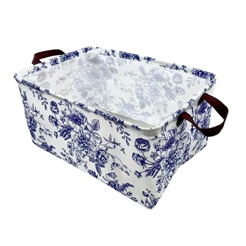 Image of Rectangle Storage Basket Cute Canvas Organizer Bin for Pet /Children Toys, Books, Clothes Perfect for Rooms /Playroom (Blue and White Porcelain)