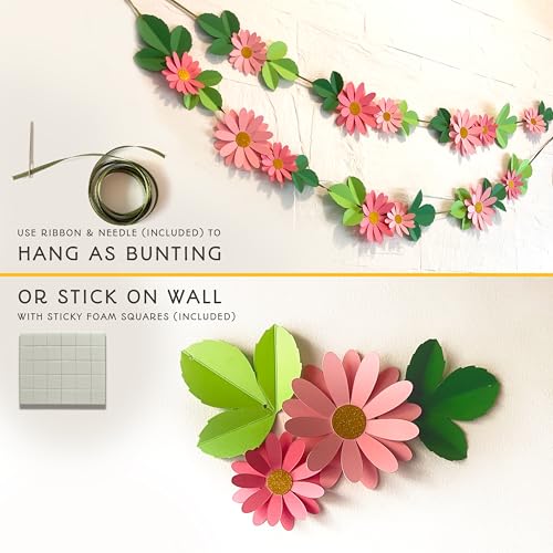Image of Flower Bunting for Wall Decoration (Pink Daisy with Leaves)