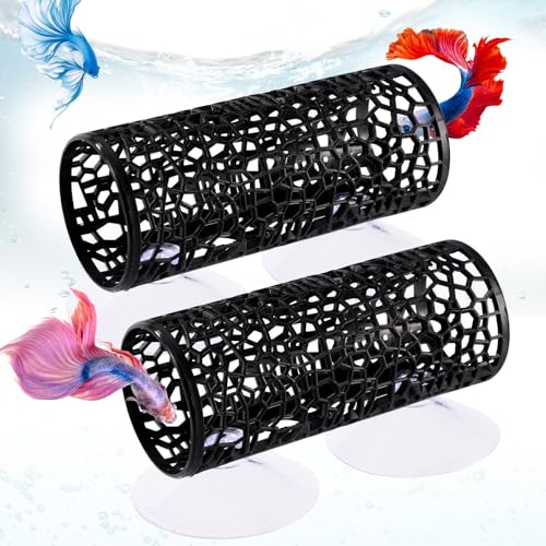 Fukaisu 2pcs Tunnels pour Poissons Betta, Cachette Noire 4 Ventouses Conception Creuse et Sécurisée avec Petits Trous pour Petits Poissons Crevettes Guppys...