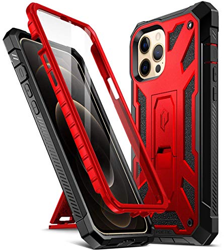 Poetic Spartan Series for iPhone 12 Pro Max 6.7 inch Case, Full-Body Rugged Dual-Layer Metallic Color Accent with Premium Leather Texture Shockproof Protective Cover with Kickstand, Metallic Red