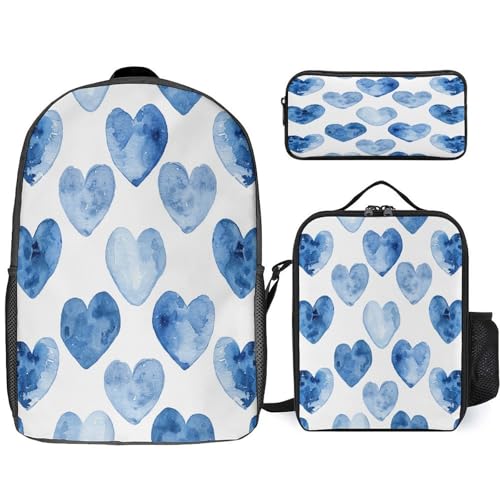 Hand Drawn Blue Heart 3pcs Lightweight Travel Backpack Printed Backpack With Lunch Pack Storage Box Case