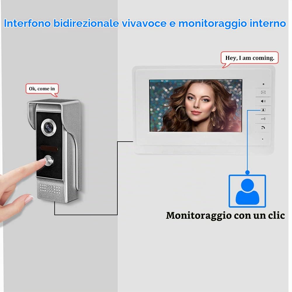 OBO HANDS Video Citofono Campanello 7''TFT LCD Cablato Kit di Videocitofono per la Casa Monitor Indoor 700TVL Telecamera per Esterni IR Supporto Sbloccare(1 Camera 1 Monitor)