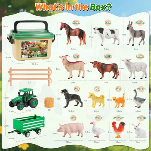 FRUSE Bauernhof Tiere Figuren Spielzeug ab 3 Jahr, 23 Stück Bauernhof Spielzeug mit Realistische Tiere Figuren,Traktor Spielzeugs,Bauernhoftiere Set Lernspielzeug Geschenke für Kinder ab 3 4 5 6 Jahre