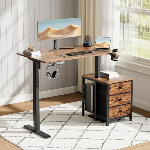 Image of REAHOME Electric Standing Desk with Drawers, 47 x 24 Inches Height Adjustable Sit Stand Desk with Storage, 3 Memory Preset Home Office Computer Desk, Printer Cabinet, Cable Management, Rustic Brown