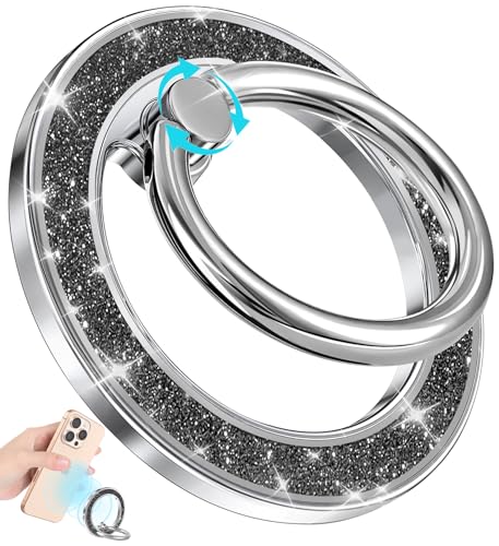 SurgeCraft Phone Ring Holder Compatible with MagSafe - Magnetic Cell Phone Grip for Women Glitter Magnet Removable Finger Ring Grip Stand Cute Black Girly Shine for iPhone 16 15 14 13 Pro Max/Pro/Plus