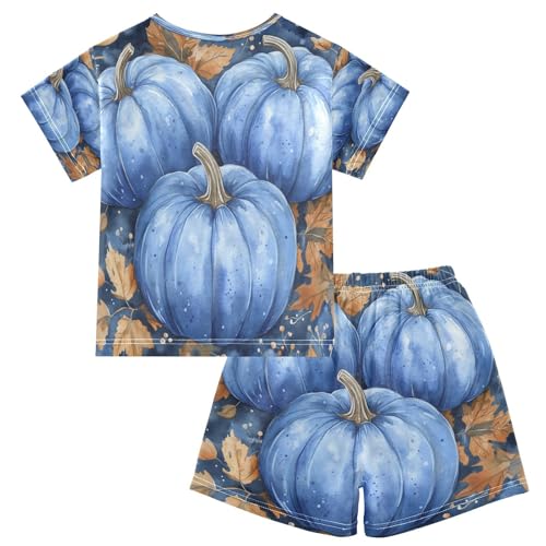 Pajama Sets Short Sleeve Blue Pumpkins with Autumn Leaves Soft Cotton Summer Sleepwear 2 Piece PJS Size 5-14T2