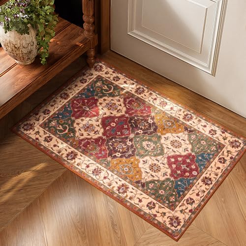 Lessymo Moroccan Washable Rugs for Entryway, Faux Wool 2x3 Small Area Rug for Kitchen Bathroom Corridor - Non-Slip Indoor Door Mat Low Plie Stain Resistant Boho Runner Rug, Classic Red and Cream