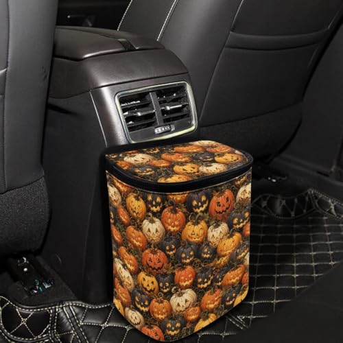 Image of Talayituse Halloween Pumpkin Leaf Print Car Trash Can with Lid, Leak Proof Auto Trash Bag Hanging Vehicle Garbage Can Multipurpose Storage Container for Back Seat Road Trip Halloween Decor