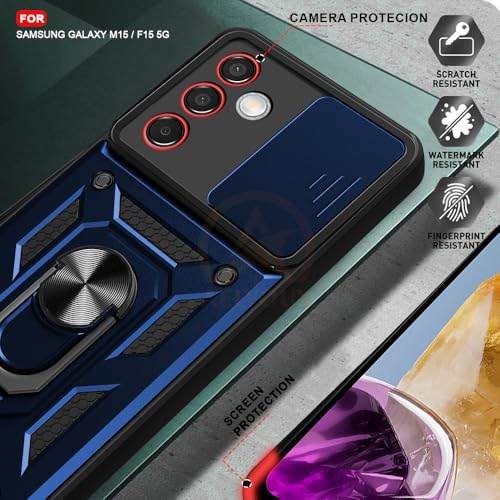 Image of Armor Bumper Back Cover Case for Samsung M15 / F15 | Rotating Camera Cover, Ring Holder & Kickstand | Heavy Duty & 360 Degree Protection Samsung M15 / F15 Back Cover (Blue)