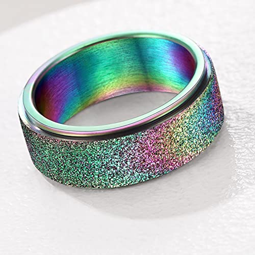 U7 Fidget Rings For Anxiety Relief Stainless Steel Rainbow Colorfull 8Mm Wedding Band Spinner Ring Men Women Jewelry -Size 12 #TOP1