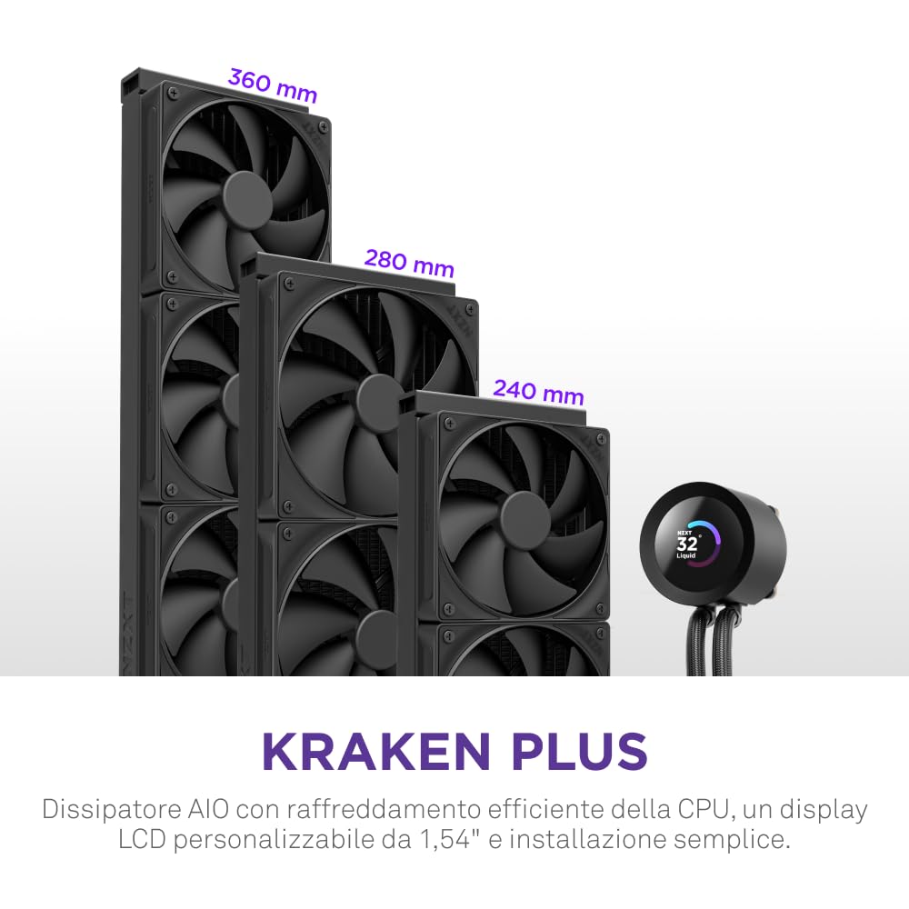 NZXT Kraken Plus 280 – AIO CPU Liquid Cooler – 280mm Radiator – 2 x F140P Fans – Customizable 1.54" Square LCD – AMD® AM5, AM4 – Intel® LGA 1851/1700, 1200/115X – Black