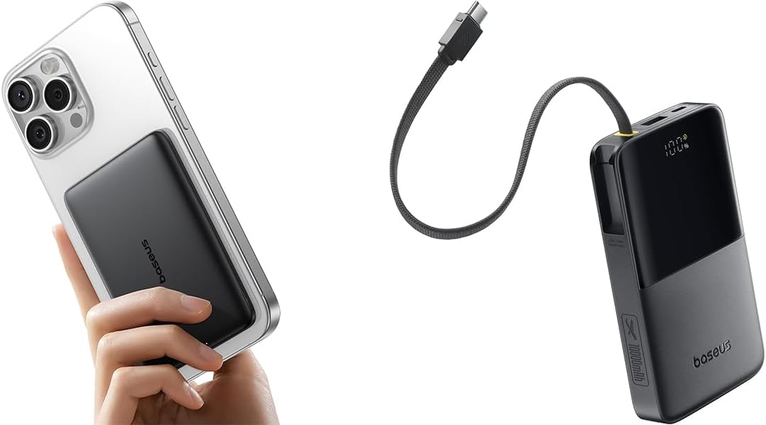 Baseus 0.3" Ultra Slim 5000mAh MagSafe Portable Charger & 22.5W Power Bank Built-in USB C Cable