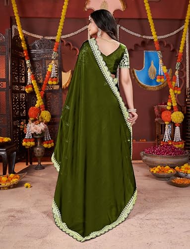 Image of DHARMEE Women's Elegant Designer Sarees Premium Rangoli Fabric with Embellished Border, Lightweight and Stylish Ethnic Wear - Perfect for Parties, Weddings, and Festive Occasions..