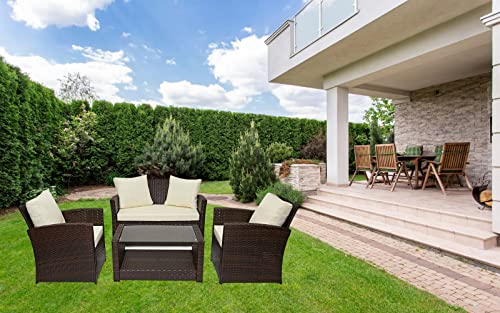 EVRE Brown 4 Seater Rattan Garden Conservatory Patio Furniture Sofa Armchair Roma Set with Glass Top Coffee Table Wicker Weave Sofa and Cushions EVRE Brown 4 Seater Rattan Garden Conservatory Patio Furniture Sofa Armchair Roma Set with Glass Top Coffee Table Wicker Weave Sofa and Cushions