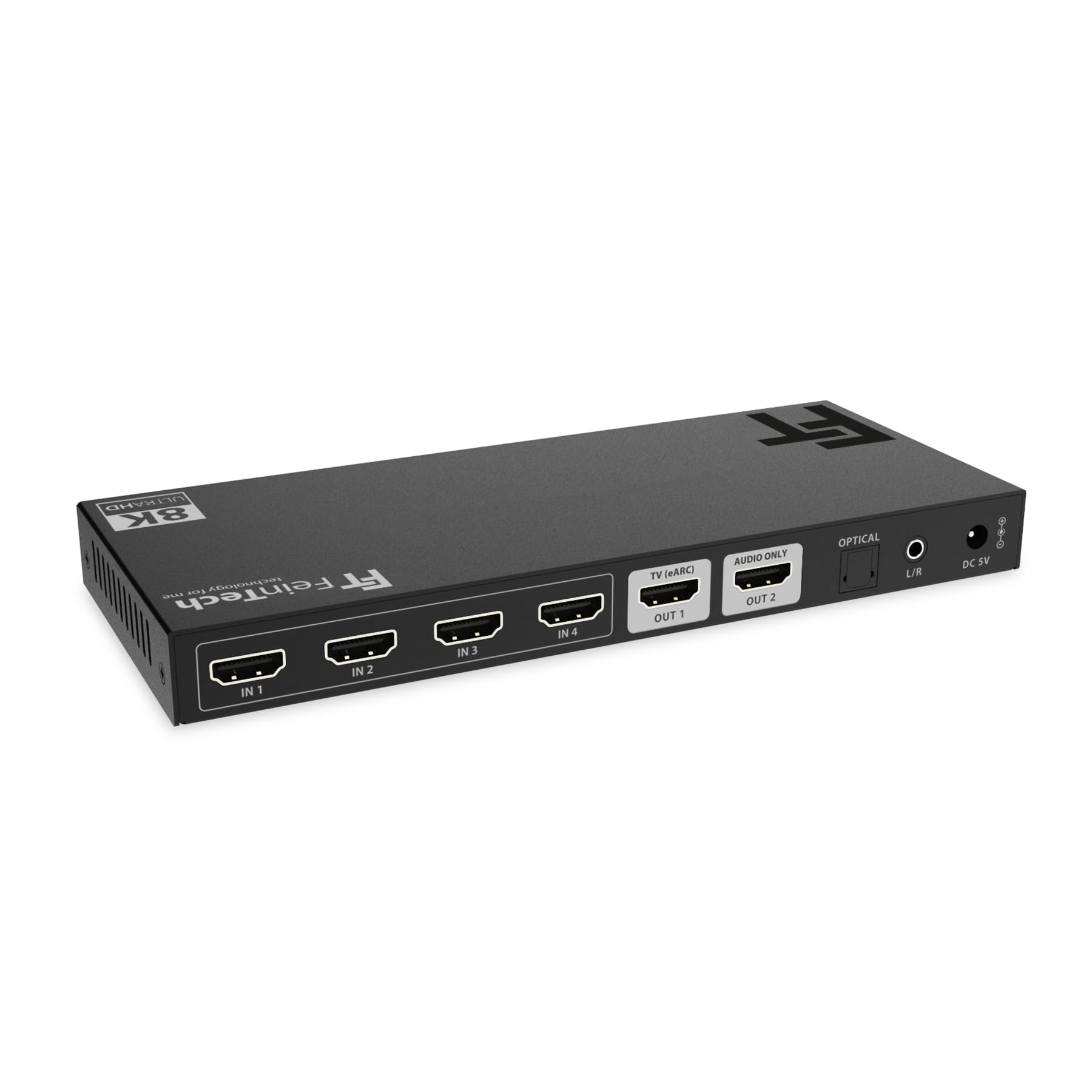 FeinTech SW411 Commutateur HDMI 2.1 4 en 1 avec extracteur audio pour systèmes audio avec entrée HDMI, Toslink et AUX, prend en charge 4 K 120 Hz et 8 K