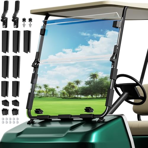 ENEKERP Golf Cart Windshield for Club Car DS 1982-2000 Models with 11 Struts Upper and Down Straight Rail Foldable Clear Front Club Car DS Windshield with Heavy Duty Hinge 3/16 (5MM) PC Anti-UV