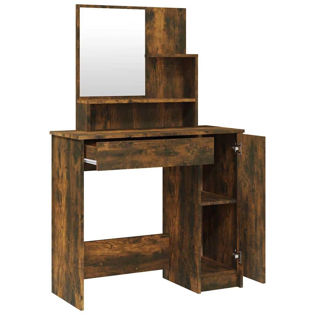 Set Tavolo da Toeletta Rovere Fumo con Specchio e Sgabello, 86,5x35x136 cm, Mobiletto con Cassetto e Portaoggetti, Consolle Salvaspazio per Camera da Letto, Organizzatore Trucco e Make up