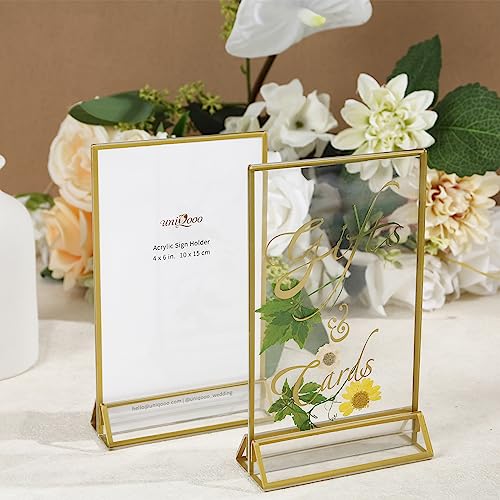 uniqooo acrylic sign holders with golden border portrait view pack of 12  4x6 inches double sided clear frame perfect for wedding reception centerpiece decoration partyanniversary event