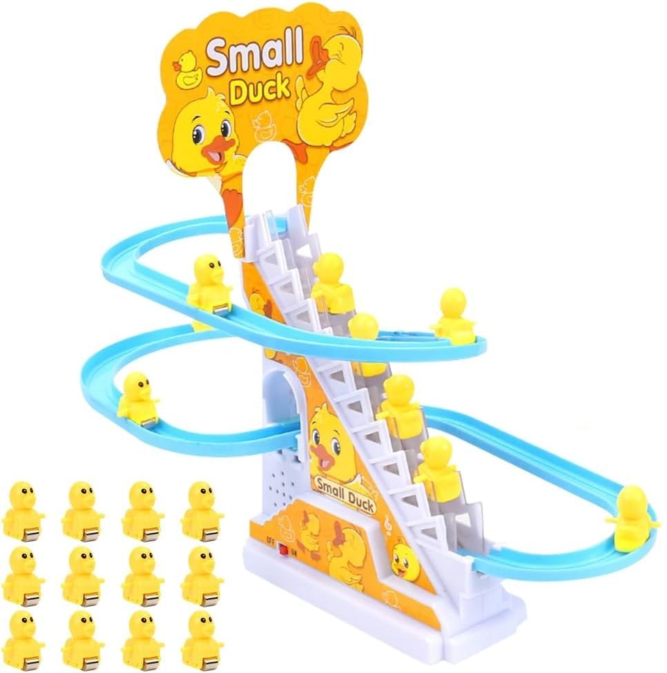 Tutamaz 12 Stück Elektrische Ente Treppensteigen Spielzeug, Enten Achterbahn, Duck Climbing Stairs Toy,Pädagogisches Spielzeug mit blinkenden Lichtern und Musik EIN-/Ausschalter