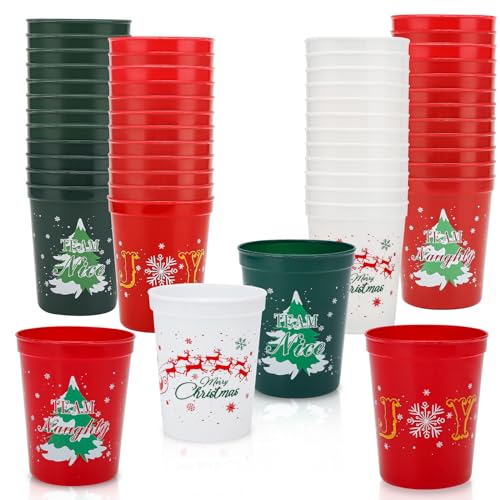 Christmas Party Cups - Set of 24 White,Red and Green 16oz Plastic Holiday Stadium Cups, 4 Festive Drinking Pun Designs, Perfect for Christmas Party Supplies