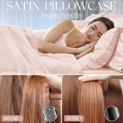 Image of Madison Park Essentials Set of 2 Satin Pillowcase for Hair & Skin, Luxuriously Soft, Silky with Natural Sheen Luster, Cool to Touch, Wrinkle-Free, Machine Washable, King Blush 2 Piece