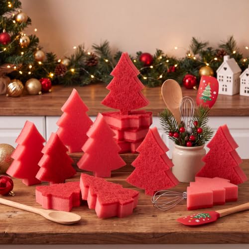 Image of Tioncy 12 Pack Christmas Tree Kitchen Sponges Bulk Red Tree Dual Sided Scrubber Sponges Dishwashing Kitchen Cleaning Accessories for Home Decor Household Supplies