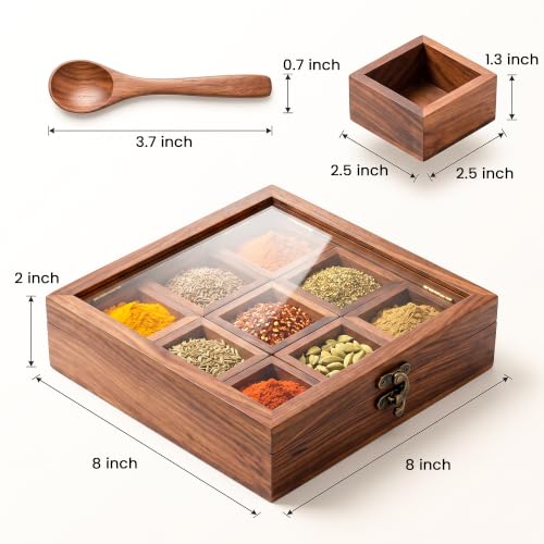 Image of Wooden Spice Box for Kitchen | Sheesham Wood Masala Dabba with 9 Containers | Spice Organizer with Glass Lid, Safety Lock & Wooden Spoon | Masala Dani /Namak Dani Storage Box for Home & Kitchen