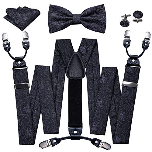 Image of YOHOWA Men Suspenders 6 Clips Strength Adjustable Y Braces Pre-Tied Bow Tie Set Formal Wedding Party