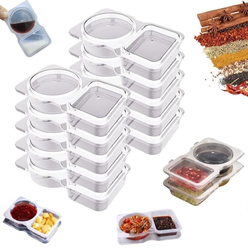 Recipiente para condimentos de doble compartimento, 2025 Upgarde desechable, 2 compartimentos, con tapas, recipientes reutilizables para aperitivos, salsas para aperitivos, salsas, viajes, campamento