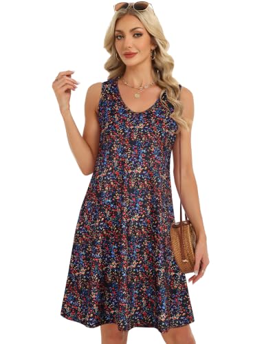 Image of Womens Summer Dresses Casual V Neck Sleeveless Pockets Beach Loose Sundress | 2026 Loose Tank Sun dres with pockets, Casual Beach Cover Up, Fashion Vacation Outfits, Tshirt Floral Boho A-Line Flow Dress