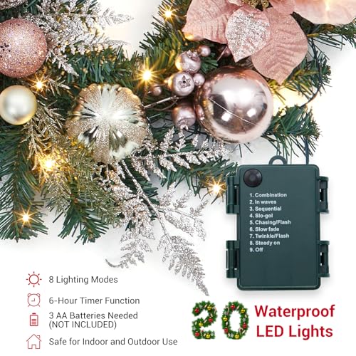 GarveeHome 6ft Prelit Christmas Garland for Mantle, Battery Operated Xmas Garland with 20 LED Lights Timer Rose Gold Balls for Fireplace Stair Railing TV Stand Indoor Outdoor Holiday Decor