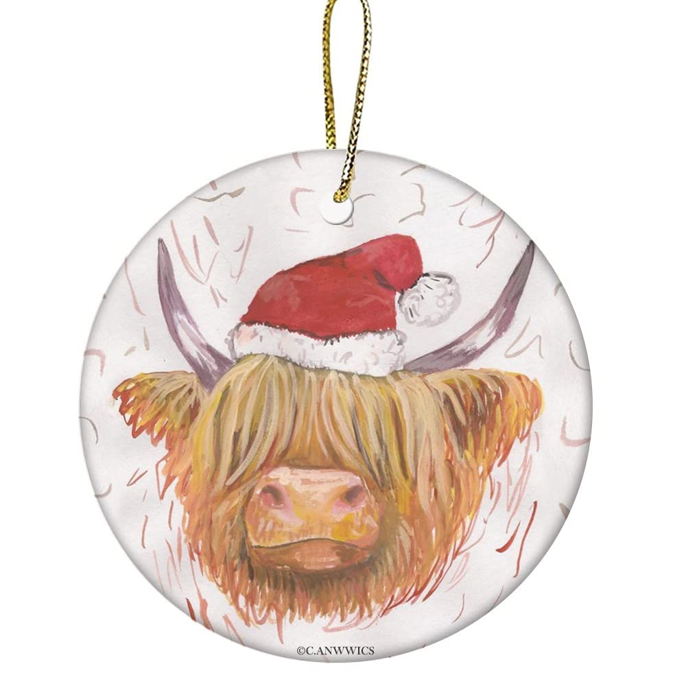 C.ANWWICS Christmas Coo Highland Cow with Christmas Hat Ceramic Ornament