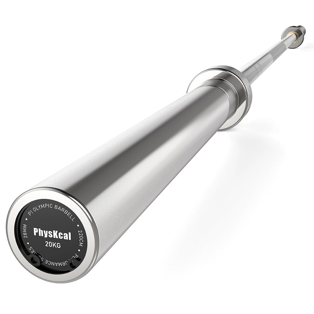 PhysKcal Bilanciere olimpico da 220 cm e 20 kg per dischi da 50 mm, lucido | Standard IWF, portata 750 libbre, doppia zigrinatura, bilanciere da uomo per WOD, sollevamento pesi e usi vari