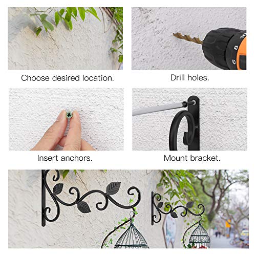 Lewondr Haken für Blumenampel, 2 Stück Retro Aluminiumlegierung Wandhaken Aufhänger Halterung mit Schrauben für Blumentöpfe Pflanzen Laternen, Garten Balkon Zaun Außen Deko - Blatt, Schwarz – Bild 4