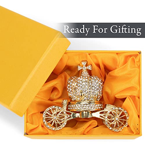 Cottage Garden Hand Painted Metal Enamel Hinged Trinket Box Ornamental Mini Jewelry Ring Earring Organizer Vintage Collectible Figurine Keepsake Box With Bejeweled Crystals, Golden Queen's Carriage #TOP4