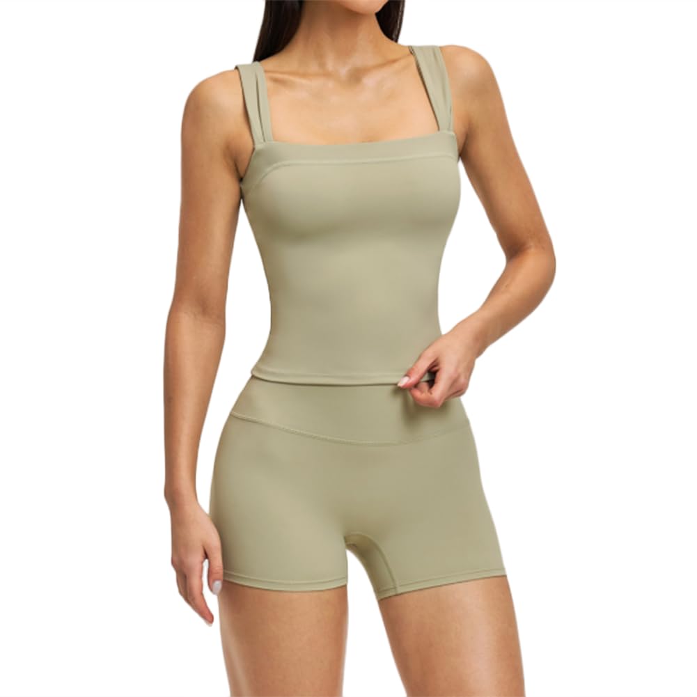 XYFfybhsd Women's Chest Pad Bra High-Waisted Sleeveless Shorts Gym Yoga Set 2-Piece Breathable Elastic Waist(Size:M,Color:Green)