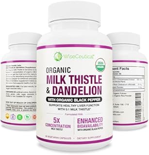Wiseceutical Max Absorption USDA Organic Milk Thistle (Strongest 5:1 Concentrated Extract) & Organic Dandelion Root with Organic Black Pepper | Healthy Liver Support Detox Cleanse, 60 Veggie Capsules