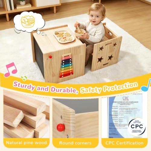 Image of Montessori Weaning Table and Chair Set for Toddlers Age 1-3, Multi-Sensory | Flip Stool to Adjust Height,Blackboard, Animal Matching Maze, Xylophone, Natural Wood,CPC Certification, for Dining, Painting