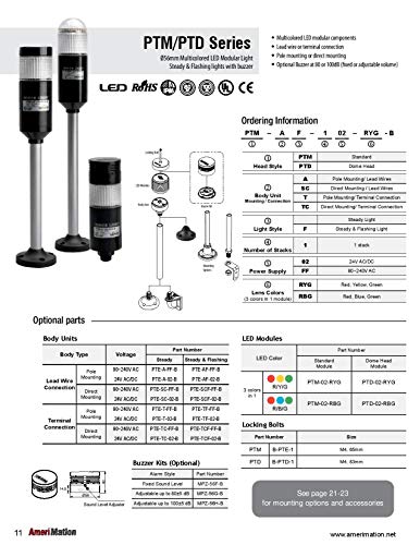 PTM-TCF-1FF-RYG-B, LED Stack Tower Light, 56mm Lens, 3 Colors(R/Y/G) in one Module, Steady/Flash, Direct mounting Black Body, Terminal Connector, 90-240V AC